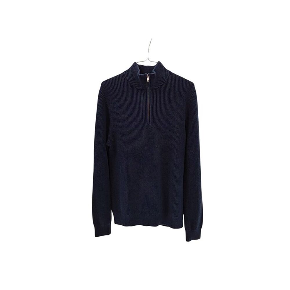 Quince 100% Organic Cotton Ribbed Quarter-Zip Sweater Navy Sleeved Top M